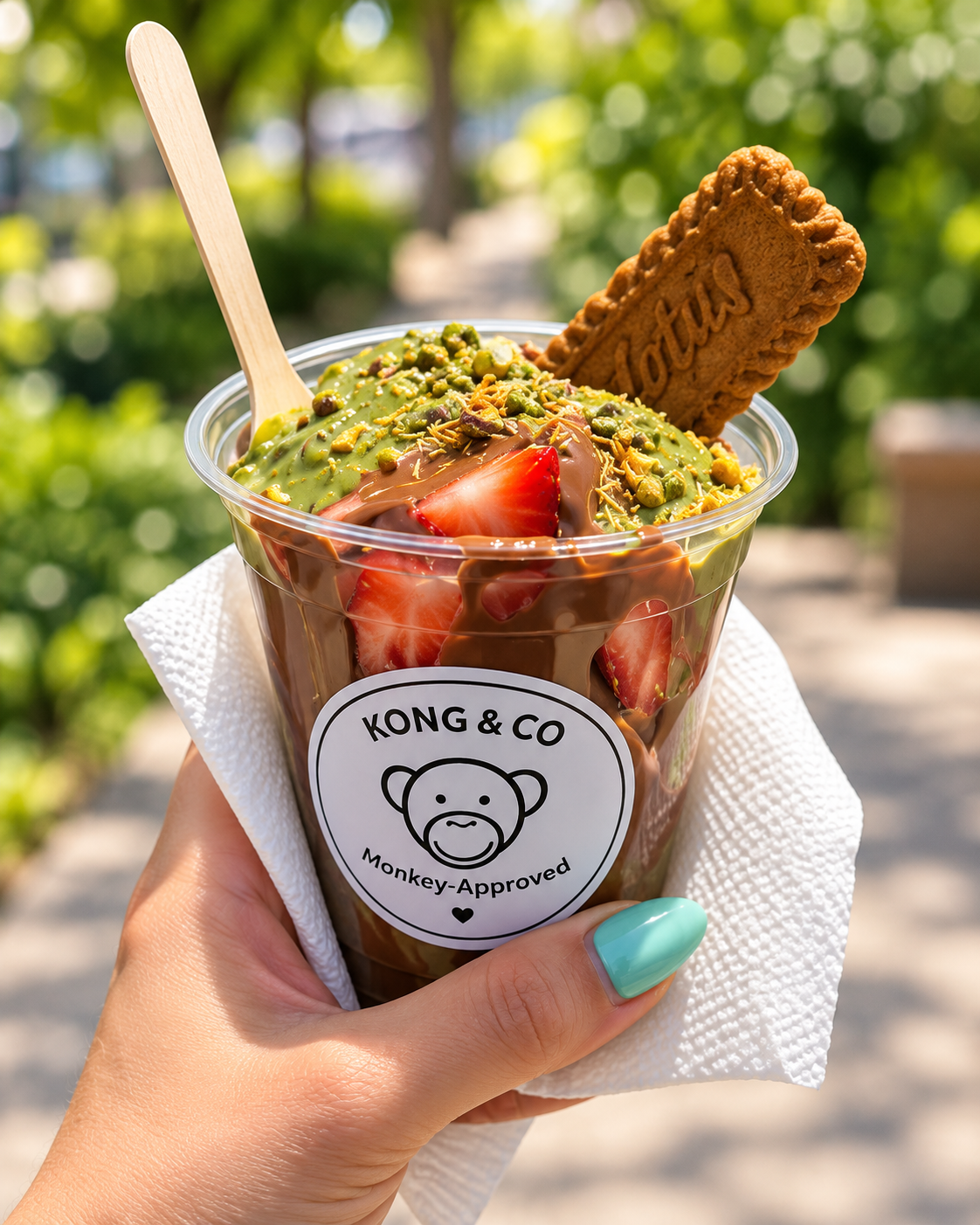 Kong&Co Dubai Strawberry Dream with strawberries, chocolate, pistachio topping and Lotus biscuit