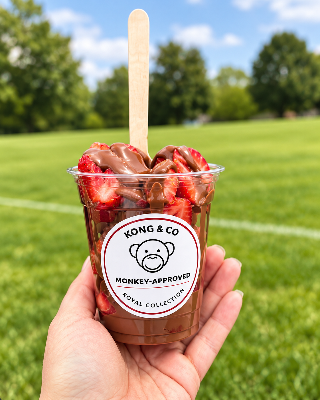 Kong&Co Pure Bliss strawberry cup with chocolate, photographed outdoors